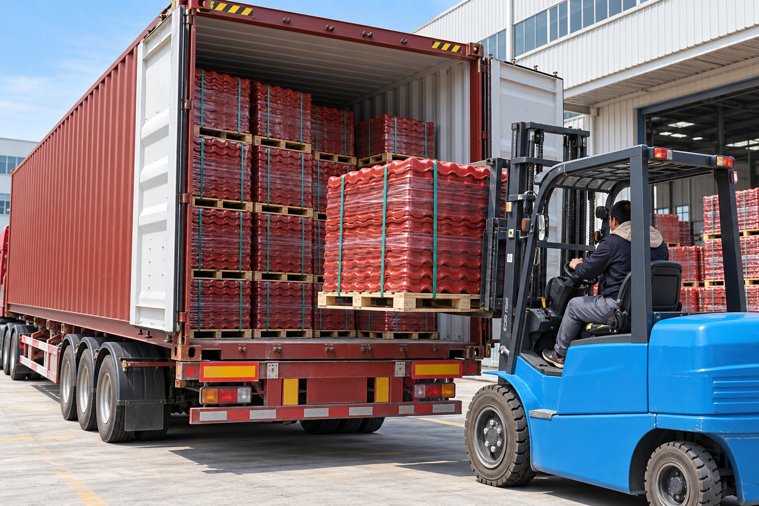 High-volume loading of red synthetic resin roofing tiles into a large export container