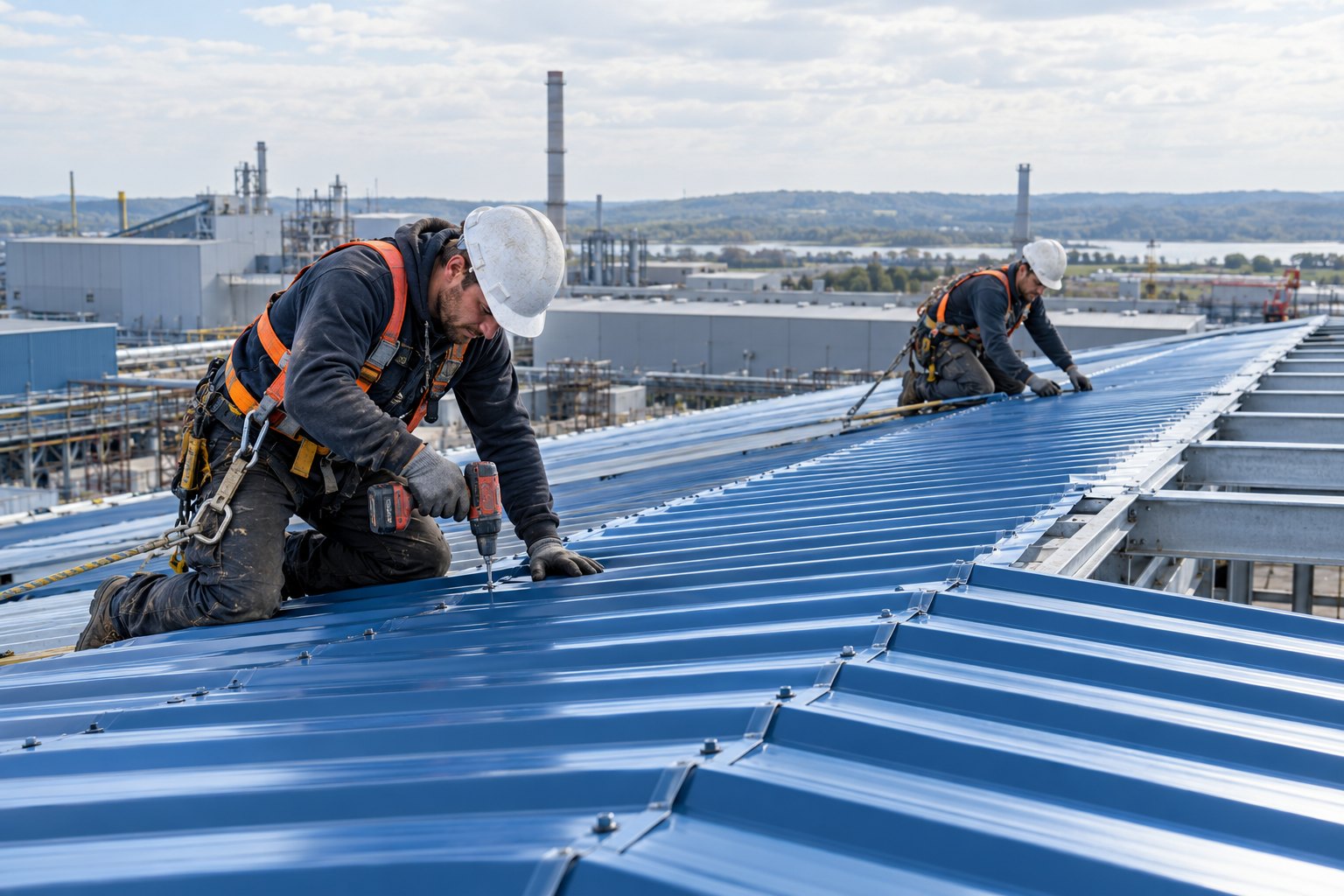 Professional roof installers fastening blue anti-corrosion panels