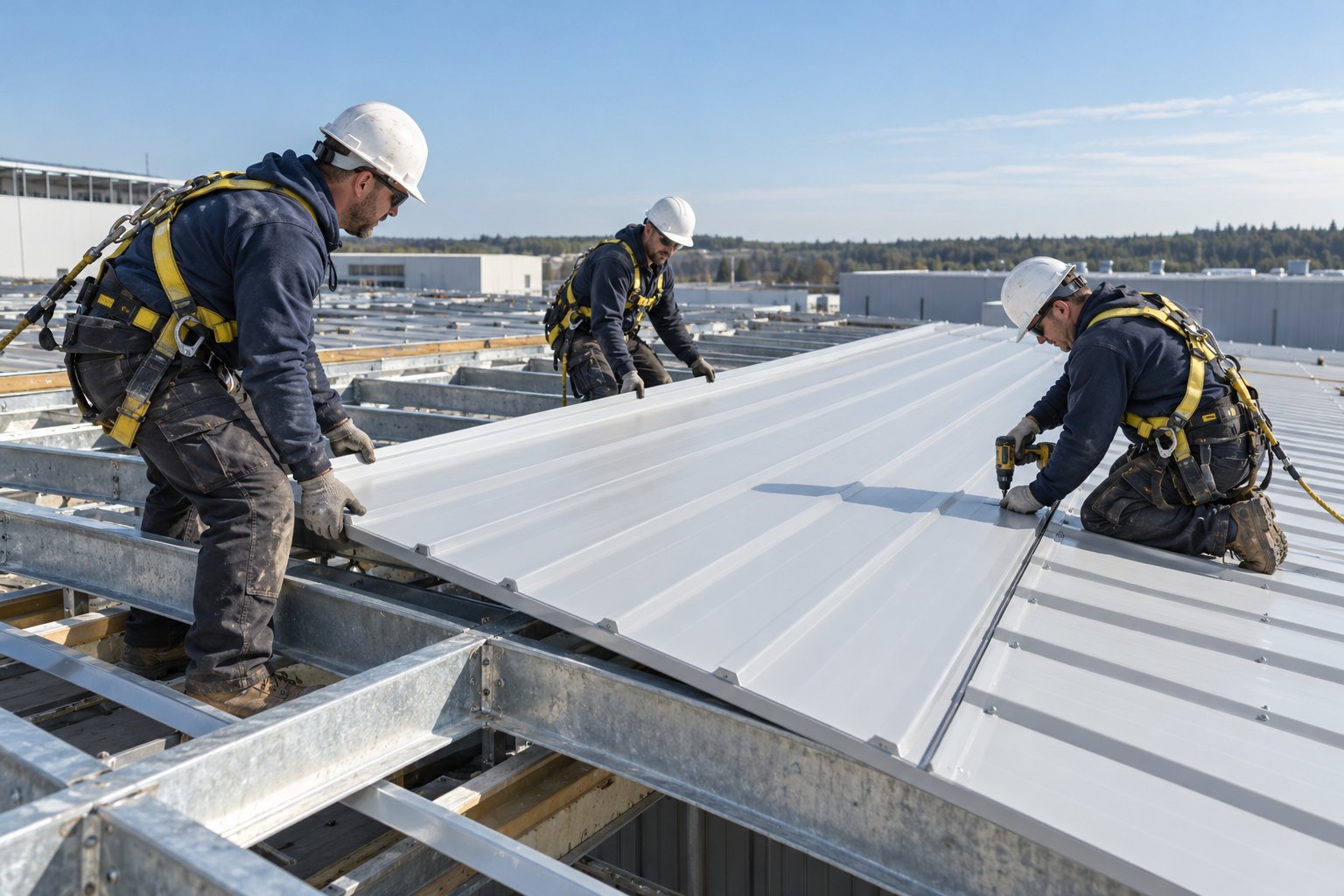 Professional roof installers positioning a composite roofing panel